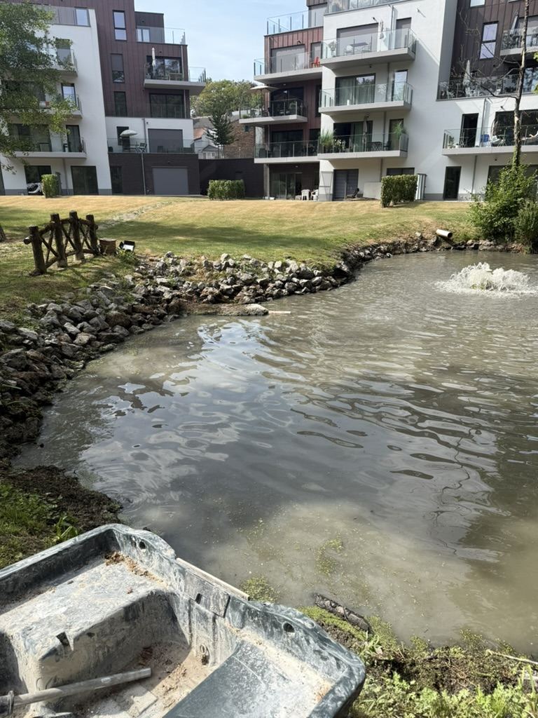 Plan d'eau après intervention, eau claire et fontaine d'aération en fonctionnement