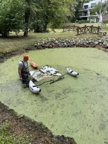 Plan d'eau totalement envahi par les lentilles d'eau, avant intervention
